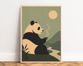 Panda Poster, Minimalist Wall Art, Sage Beige, Living Room, Nursery, Gift 50x70