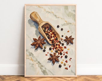 May include: A framed art print featuring a wooden scoop filled with a colorful mixture of peppercorns and dried spices, accompanied by three whole star anise pods scattered across a light-colored, marbled surface.