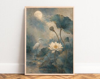 Lotus Pond Poster, Romantic Landscape Art, Blue Cream, Living Room, Nature Gift A1/A2/A3/A4