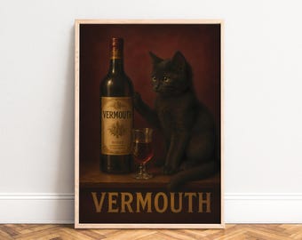 Vermouth Poster, Vintage Cat Wall Art, Dark Red, Living Room Kitchen, Gift for Bar Lovers 50x70