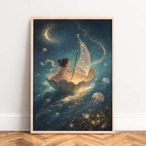 May include: A framed wall art print depicting a child in a light-colored dress sitting inside a large seashell boat with a glowing sail. The scene is set on a dark blue ocean at night with a crescent moon, sparkling stars, and several jellyfish.