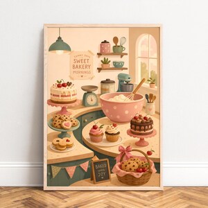 Könnte beinhalten: Ein gerahmter Kunstdruck einer Bäckerei mit Kuchen, Cupcakes, Keksen und Backutensilien. Der Text lautet SUNNY DAYS SWEET BAKERY MORNINGS und BAKED WITH JOY. Die Farbpalette umfasst sanfte Rosa-, Grün- und warme Beigetöne.