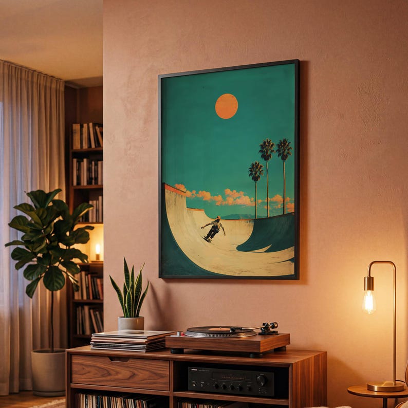 May include: Framed art print featuring a skateboarder in a skate bowl under a bright orange sun and palm trees. The artwork has a retro, vintage style with a teal and beige color palette. The print is displayed in a black frame.