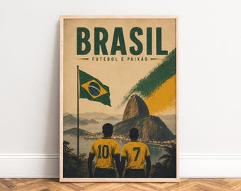 Brazil Football Poster, Vintage Travel Print, Green Yellow, Living Room Office, Gift for Soccer Fans A1/A2/A3/A4