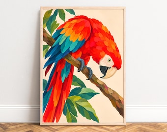 May include: A framed wall art print featuring a vibrant scarlet macaw perched on a brown tree branch. The bird has bright red, yellow, and teal feathers, a white face patch, and a dark beak. Green leaves surround the bird against a cream background.