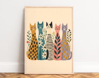Cat Poster, Boho Animal Illustration, Beige Pastel, Nursery Living Room Wall Art, Cat Lover Gift A1/A2/A3/A4