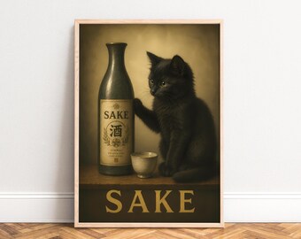 Sake Poster, Vintage Cat Wall Art, Gold Beige, Kitchen, Living Room, Cat Lover Gift A1/A2/A3/A4