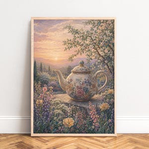 Può includere: Una stampa artistica incorniciata raffigurante una teiera in ceramica con motivi floreali appoggiata su una sporgenza in pietra. La scena include un giardino rigoglioso con fiori selvatici colorati, un albero in fiore e un paesaggio al tramonto.