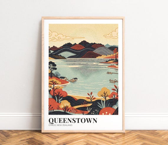 Travel Poster - Queenstown New Zealand, Lake Illustration in Retro
