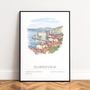 Poster Dubrovnik watercolor print - coastal red-roof skyline, minimalist travel wall art, UNFRAMED