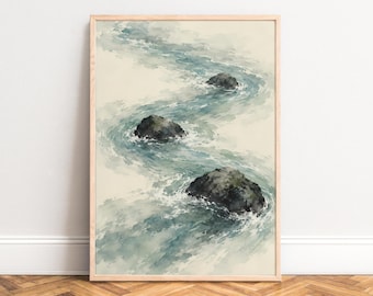 May include: A framed watercolor painting depicting a winding stream with three dark gray rocks positioned along the water's path. The water features shades of blue and green with white foam accents, set against a light cream background.