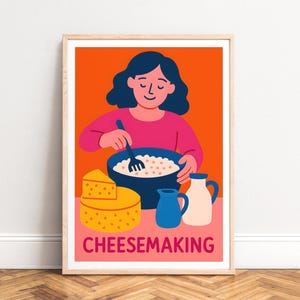 Poster - Illustratie van kaasmaken, felle kleuren, keukendecoratie, ONGEKADERD