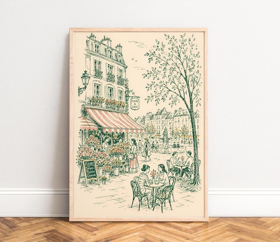 Paris Café Poster, Vintage Stadt Wandkunst, Grün Beige, Wohnzimmer Küche Büro, Geschenk für Frankreichfans A1/A2/A3/A4