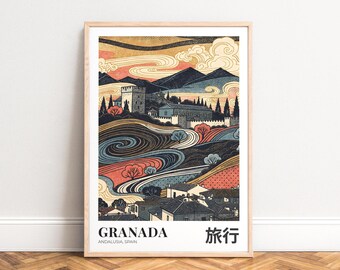 Travel Poster Granada, Andalusia - illustrated hillscape, swirling pattern, coral and teal, UNFRAMED