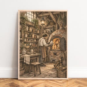 May include: A wall art print depicting a pottery workshop with a person wearing an apron placing a ceramic vessel into a brick kiln. The scene includes wooden shelves filled with various clay pots, a wooden table, a stool, and stacked firewood.