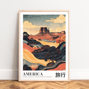 アメリカ旅行ポスター • 様式化されたメサ砂漠のイラスト、温かみのあるテラコッタとブルーのトーン、ミニマリストの壁アート、ギフト、フレームなし