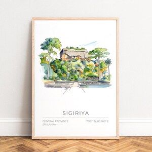 シギリヤの水彩画旅行ポスター、トロピカルな緑と青の風景、岩の要塞、フレームなし