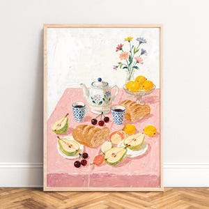 Still life poster,  breakfast table print,  pastel country decor,  teapot pears cherries,  cozy pink tablecloth illustration,  soft texture