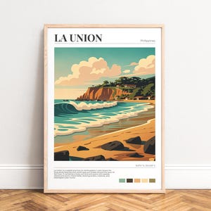 Poster La Union, stampa di onde costiere | Illustrazione retrò di onde e scogliere, tramonto turchese-arancione, arte murale delle Filippine, SENZA CORNICE