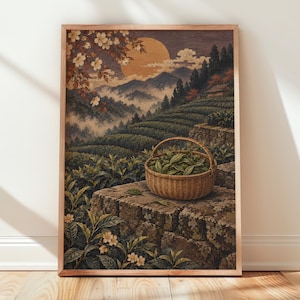 May include: A framed wall art print depicting a woven basket filled with green tea leaves resting on a stone terrace. The background features terraced tea fields, misty mountains, a large golden moon, and flowering branches in a muted color palette.