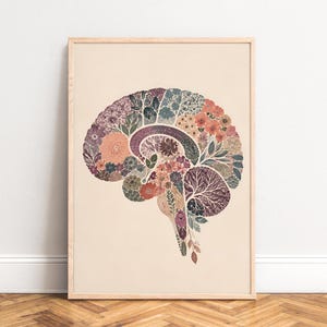 Può includere: Una stampa artistica da parete incorniciata che raffigura la sagoma di un cervello umano composta da vari elementi botanici, tra cui fiori e foglie in tonalità tenui di rosa, blu, verde e marrone, su uno sfondo beige chiaro.
