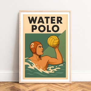 Water polo poster, vintage sports print, retro green & yellow athlete illustration, UNFRAMED