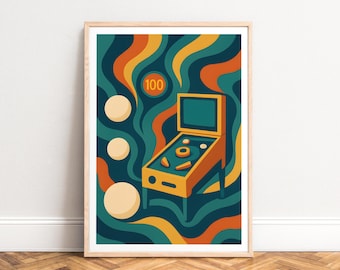 Pinball poster - midcentury retro arcade art, teal orange palette, wavy 70s graphic, UNFRAMED