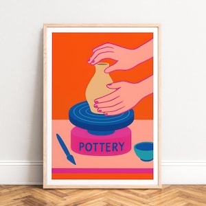 Poster Töpferscheibe Druck, Pop-Art Stil, kräftiges Orange & Rosa, Hände formen Vase, UNGERAHMT