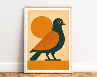 Poster Mid-century geometric pigeon, orange and dark green, UNFRAMED