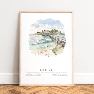 Belize Poster,  Watercolor Travel Art of Pier with Palms,  Tropical Beach Print,  Turquoise Sea Coastal Wall Decor,  UNFRAMED