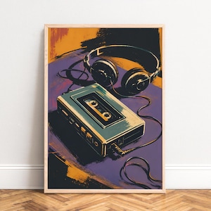 May include: A framed art print featuring a retro cassette player and headphones. The cassette player is teal and silver, with a cassette tape inside. The headphones are black. The background is purple and orange, with a wooden frame.