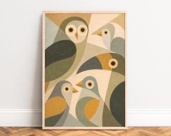 Bird Poster, Mid-Century Wall Art, Beige Sage, Living Room Nursery Office, Gift for Bird Lovers A1/A2/A3/A4