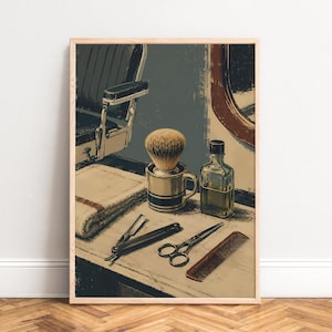 Könnte beinhalten: Ein gerahmter Kunstdruck, der eine Vintage-Barbershop-Szene darstellt. Das Bild zeigt einen Friseurstuhl, einen Rasierpinsel in einem Becher, eine Glasflasche mit Tonikum, ein Rasiermesser, eine Metallschere, einen Kamm und ein gefaltetes Handtuch.