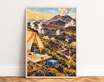 Camping Poster, Vintage Landscape Wall Art, Orange Blue, Living Room Office, Gift for Outdoor Fans A1/A2/A3/A4