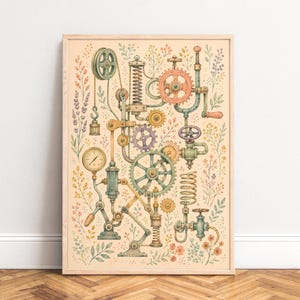May include: A framed wall art print featuring a complex mechanical assembly of gears, springs, pipes, and a pressure gauge, intricately intertwined with delicate watercolour illustrations of various wildflowers and leafy stems in soft pastel tones.