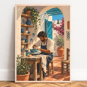 May include: A framed art print depicting a person with dark hair and a beard wearing a blue apron, shaping a blue ceramic bowl on a pottery wheel. The scene includes wooden shelves with blue pottery, potted plants, and a sunny Mediterranean patio.