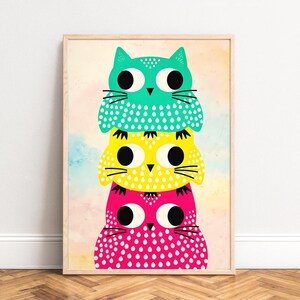 Poster gestapelt bunte Katzen,  verspielt Popart Grafik,  Pastell tuerkis gelb pink,  Kinder Wandbild,  minimaler Cartoon Tropfenmuster