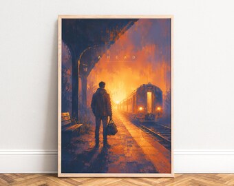AHEAD Poster, Train Station Wall Art, Orange Blue Retro, Living Room Office Decor, Gift for Train Fans A1/A2/A3/A4