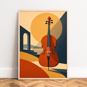 Può includere: Una stampa artistica da parete incorniciata raffigurante un violoncello arancione stilizzato centrato davanti a un grande sole giallo. Lo sfondo include forme geometriche blu scuro, un arco architettonico e un paesaggio con colline arancioni.