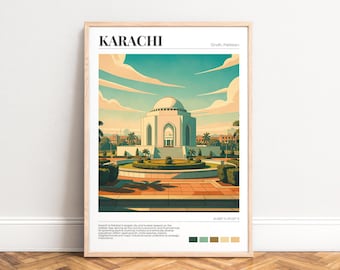 Karachi Print | Sindh Pakistan Poster met illustratie van een mausoleum, koepelarchitectuur, turquoise okerkleurige zonsondergang, ONGEKADERD