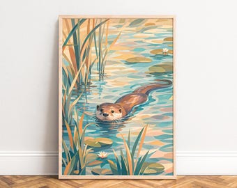 Otter Poster, Vintage Animal Wall Art, Soft Blue, Living Room, Nursery, Gift for Animal Lovers A3 A4 50x70