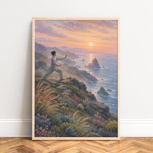 Könnte beinhalten: Ein gerahmter vertikaler Kunstdruck, der eine Person in heller Kleidung zeigt, die eine Tai-Chi-Pose auf einer grasbewachsenen Klippe über einer felsigen Küste bei Sonnenuntergang einnimmt, mit sanften rosa und orangefarbenen Wolken.