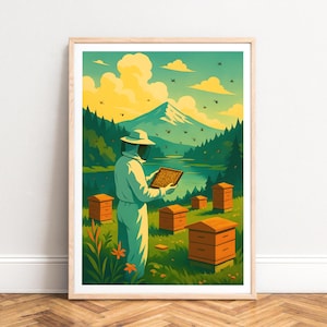 Poster - Imker Kunstdruck, Bauernhauslandschaft, Grün und Gelb, UNGERAHMT