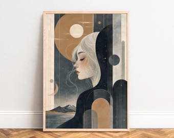 Moon Woman Poster, Art Deco Wall Art, Beige Black, Living Room, Office, Gift for Her A2 A3 A4