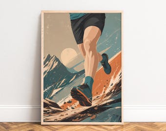 Trail Running Poster, Vintage Sports Wall Art, Petrol Orange, Living Room Office, Gift for Runners A1 A2 A3 A4