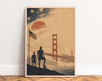 Golden Gate Poster, Vintage Travel Wall Art, Beige Red, Living Room Office, USA Gift 50x70 A1/A2/A3/A4