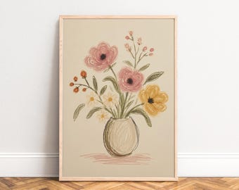 Flower Poster, Vintage Sketch, Beige Pink, Living Room, Bedroom, Gift for Plant Lover A3 A4
