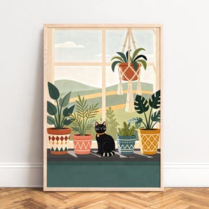 Poster schwarze Katze Topfpflanzen Boho Makramee Terrakotta Grün sonniges Fenster gemütliche botanische Szene flache Illustration