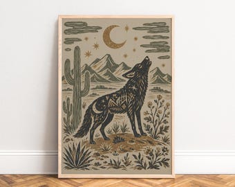 Wolf Poster, Southwestern Vintage Wall Art, Beige Black, Living Room, Office, Gift A3 A4