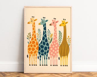 Giraffe Poster, Boho Animal Wall Art, Pastel Colors, Nursery and Living Room, Gift for Kids A1/A2/A3/A4